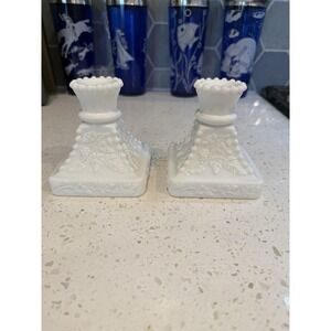 Westmoreland Paneled Beaded Grape Milk Glass Pair Candle Holders Mid Century